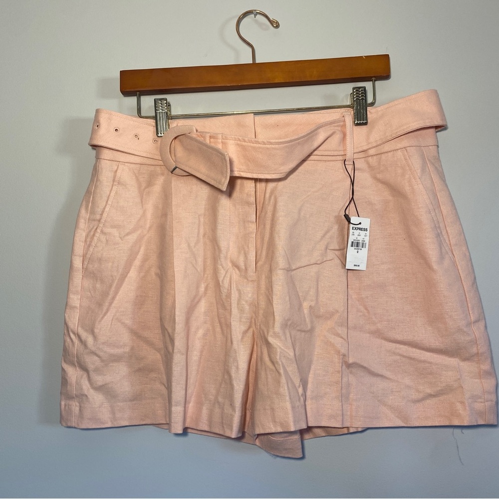 [Express] High Waisted Linen-Blend Belted Shorts